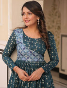 Teal Printed Jacquard Weaving Work Anarkali Gown 1Pc - BONYHUBSALWAR KAMEEZ