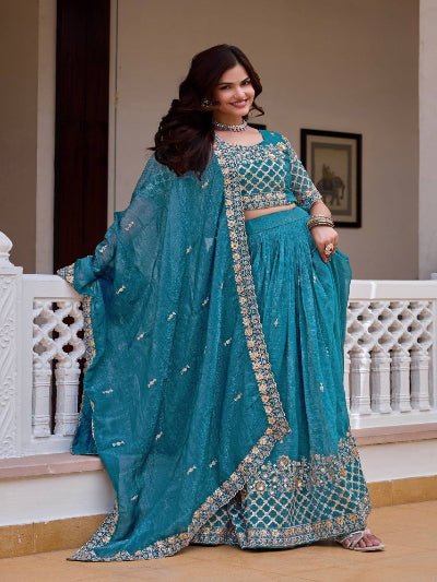 Teal Women Embroidery Sequence Work Lehenga Choli Set - BONYHUBSALWAR KAMEEZ