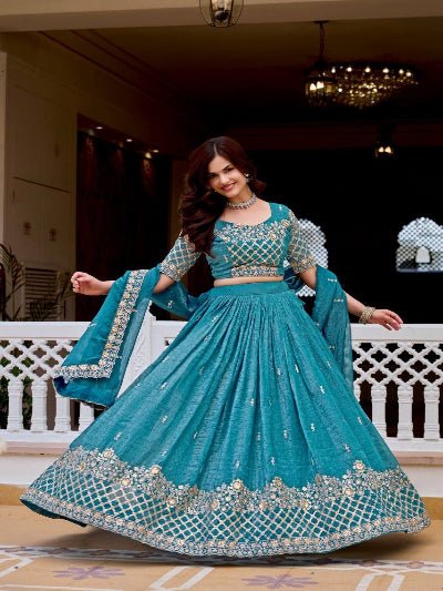 Teal Women Embroidery Sequence Work Lehenga Choli Set - BONYHUBSALWAR KAMEEZ