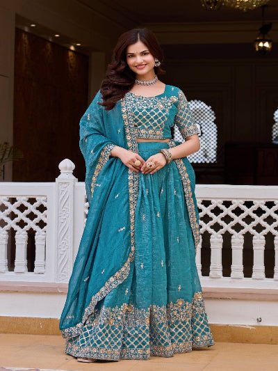 Teal Women Embroidery Sequence Work Lehenga Choli Set - BONYHUBSALWAR KAMEEZ