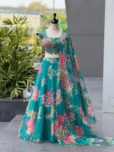 Tropical Teal Floral Organza Lehenga Choli Set with Dupatta - BONYHUBSALWAR KAMEEZ