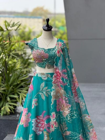 Tropical Teal Floral Organza Lehenga Choli Set with Dupatta - BONYHUBSALWAR KAMEEZ
