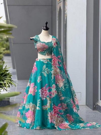 Tropical Teal Floral Organza Lehenga Choli Set with Dupatta - BONYHUBSALWAR KAMEEZ