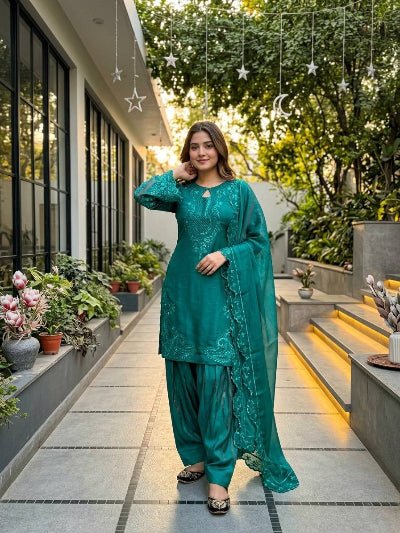 Turquoise Blue Embroidered Farshi Suit UK Next Day - BONYHUBSALWAR KAMEEZ