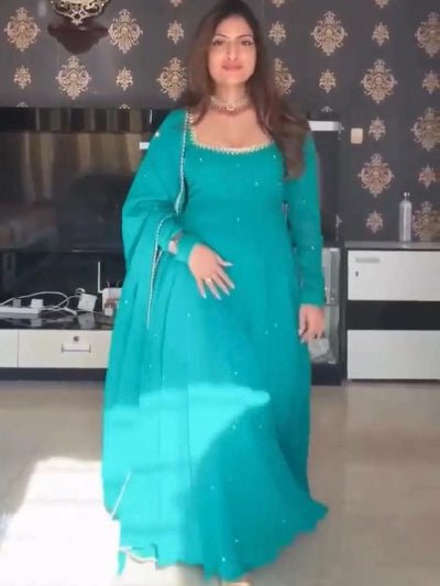 Turquoise Blue Georgette Real Mirror Work Anarkali Suit Set - BONYHUBSALWAR KAMEEZ