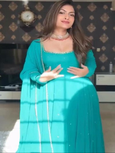 Turquoise Blue Georgette Real Mirror Work Anarkali Suit Set - BONYHUBSALWAR KAMEEZ