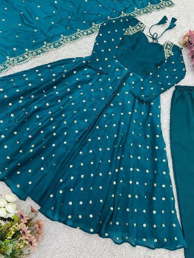 Turquoise Green Embroidered Anarkali Suit Set - BONYHUBSALWAR KAMEEZ