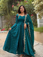Turquoise Green Embroidered Anarkali Suit Set - BONYHUBSALWAR KAMEEZ