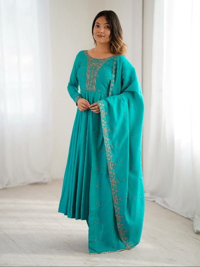Turquoise Teal Blue Handwork Anarkali Suit - BONYHUBSALWAR KAMEEZ