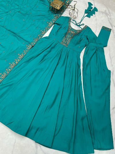 Turquoise Teal Blue Handwork Anarkali Suit - BONYHUBSALWAR KAMEEZ
