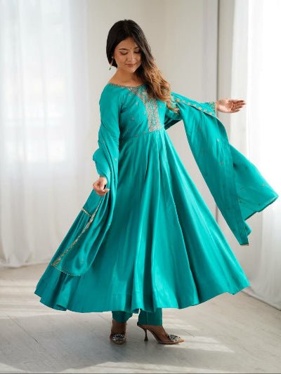 Turquoise Teal Blue Handwork Anarkali Suit - BONYHUBSALWAR KAMEEZ