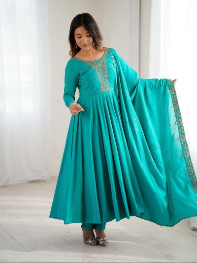 Turquoise Teal Blue Handwork Anarkali Suit - BONYHUBSALWAR KAMEEZ