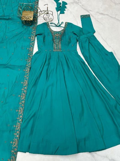 Turquoise Teal Blue Handwork Anarkali Suit - BONYHUBSALWAR KAMEEZ