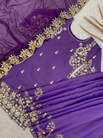 Purple Shimmer Silk Embroidery Sharara Suit