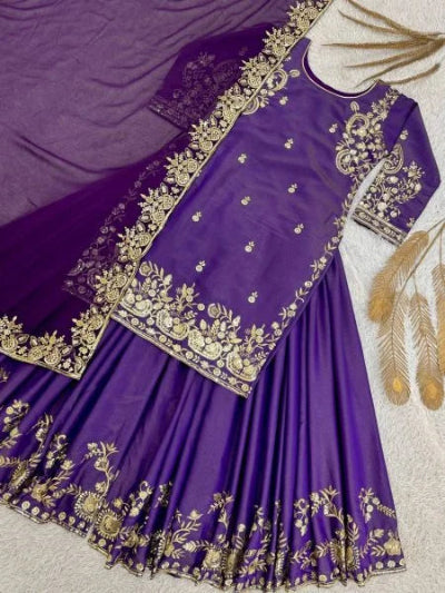 Purple Shimmer Silk Embroidery Sharara Suit