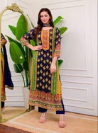 Viha Plus Size Navy Blue Muslin Digital Print Salwar Suit Set - BONYHUBSALWAR KAMEEZ