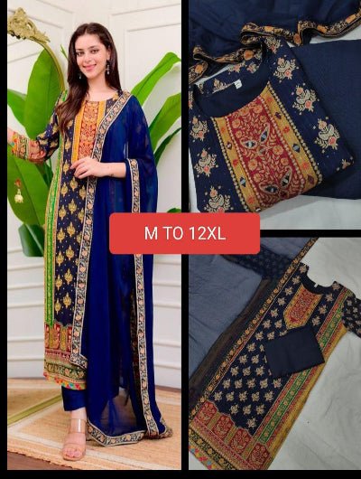 Viha Plus Size Navy Blue Muslin Digital Print Salwar Suit Set - BONYHUBSALWAR KAMEEZ
