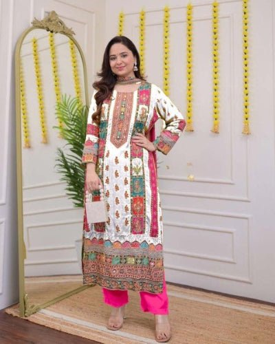 Viha Plus Size White Printed Chanderi Cotton Salwar Suit Set - BONYHUBSALWAR KAMEEZ
