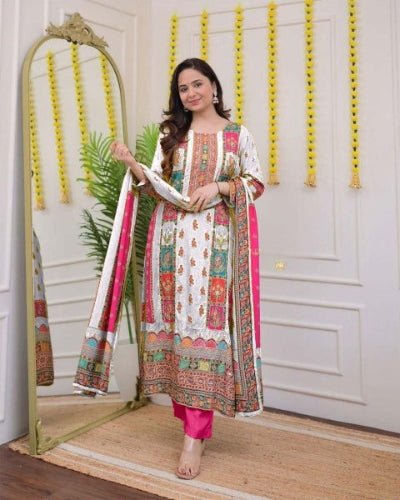 Viha Plus Size White Printed Chanderi Cotton Salwar Suit Set - BONYHUBSALWAR KAMEEZ