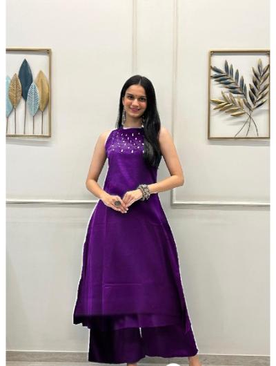 Violet Embroidered Co - ord Set with Kurta Pant (Set of 2) - BONYHUBSALWAR KAMEEZ