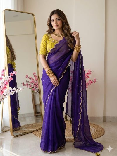 Violet Mustard Ready to Wear Saree with Handwork Stitched Blouse - BONYHUBSAREE