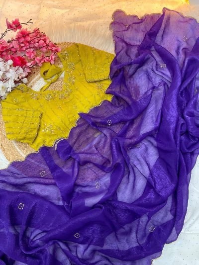 Violet Mustard Ready to Wear Saree with Handwork Stitched Blouse - BONYHUBSAREE