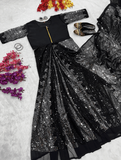 Viral Black Sequin 10 Second Saree Gown UK Next Day - BONYHUBSAREE