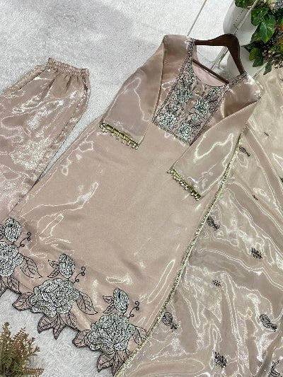 Warm Beige Elegant Kurta Set with Lace Work - BONYHUBSALWAR KAMEEZ