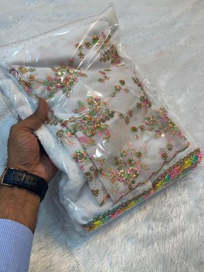 White Best Selling Georgette Embroidered Saree UK Next Day - BONYHUBSAREE