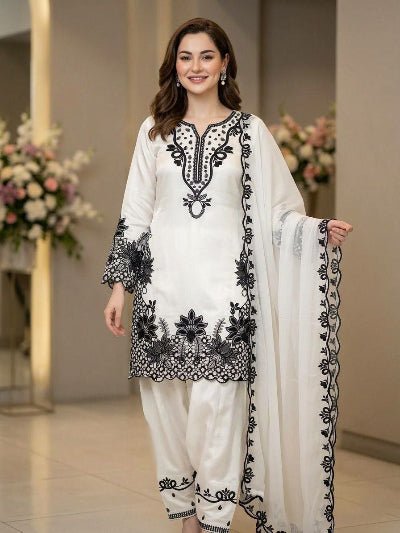White &amp; Black Designer Embroidered Farshi Salwar Suit - BONYHUBSALWAR KAMEEZ