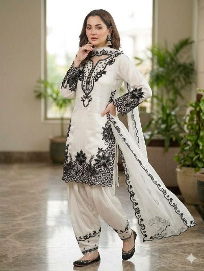 White &amp; Black Designer Embroidered Farshi Salwar Suit - BONYHUBSALWAR KAMEEZ