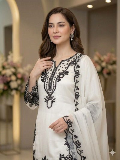 White &amp; Black Designer Embroidered Farshi Salwar Suit - BONYHUBSALWAR KAMEEZ