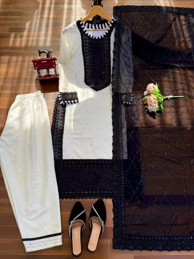 White &amp; Black Sequins Straight Suit Set - BONYHUBSALWAR KAMEEZ