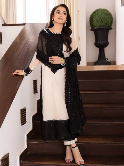 White &amp; Black Sequins Straight Suit Set - BONYHUBSALWAR KAMEEZ
