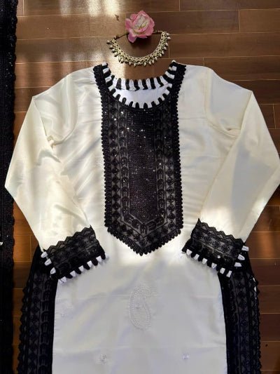 White &amp; Black Sequins Straight Suit Set - BONYHUBSALWAR KAMEEZ