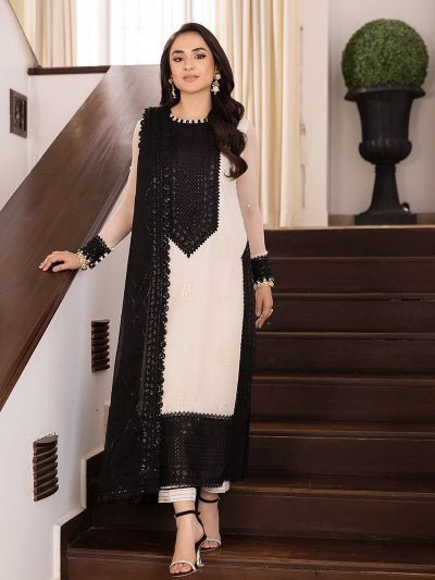 White &amp; Black Sequins Straight Suit Set - BONYHUBSALWAR KAMEEZ
