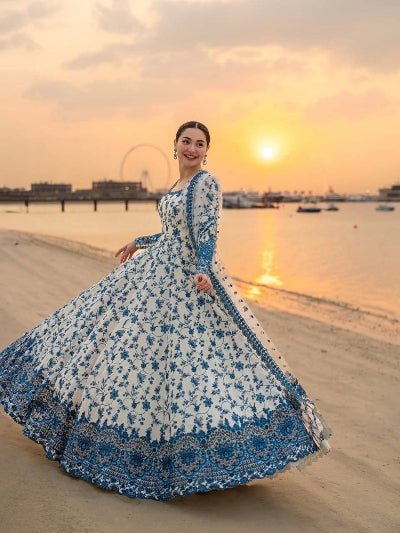 White Blue Georgette Embroidery Anarkali Suit Set - BONYHUBSALWAR KAMEEZ
