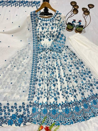 White Blue Georgette Embroidery Anarkali Suit Set - BONYHUBSALWAR KAMEEZ