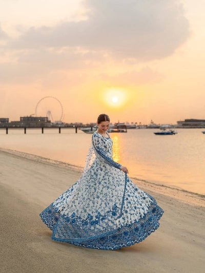 White Blue Georgette Embroidery Anarkali Suit Set - BONYHUBSALWAR KAMEEZ