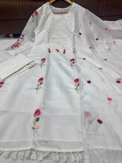 White Chanderi Embroidered Straight Suit Set - BONYHUBSALWAR KAMEEZ
