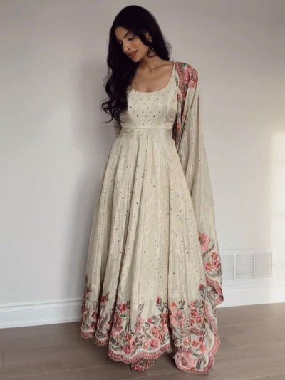 White Chinon Mukesh Work Anarkali Suit Set UK Next Day - BONYHUBSALWAR KAMEEZ