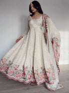 White Chinon Mukesh Work Anarkali Suit Set UK Next Day - BONYHUBSALWAR KAMEEZ