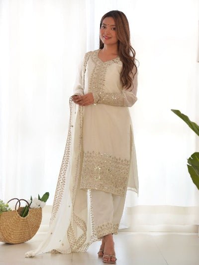 White Chinon Silk Sequence & Zari Work Ethnic Straight Suit - BONYHUBSALWAR KAMEEZ