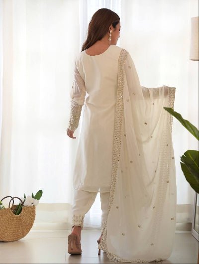 White Chinon Silk Sequence &amp; Zari Work Ethnic Straight Suit - BONYHUBSALWAR KAMEEZ