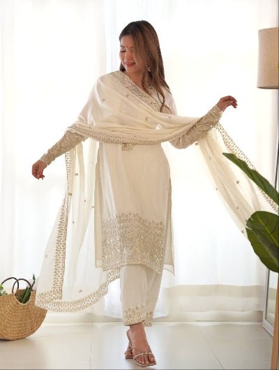 White Chinon Silk Sequence &amp; Zari Work Ethnic Straight Suit - BONYHUBSALWAR KAMEEZ