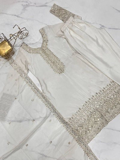 White Chinon Silk Sequence &amp; Zari Work Ethnic Straight Suit - BONYHUBSALWAR KAMEEZ