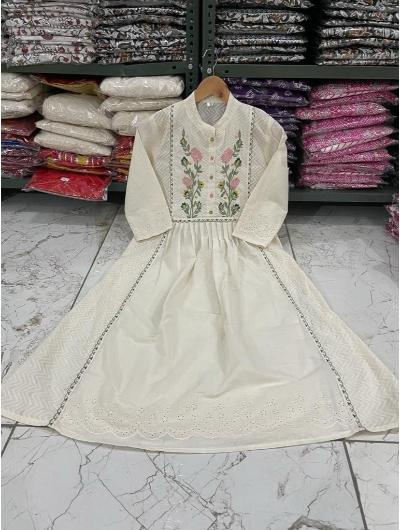 White Cotton Chikan Embroidered Anarkali Suit - BONYHUBSALWAR KAMEEZ