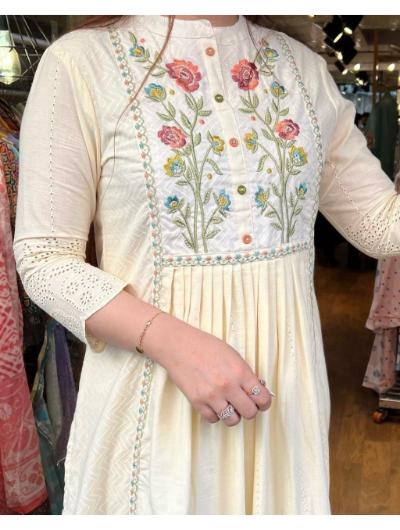 White Cotton Chikan Embroidered Anarkali Suit - BONYHUBSALWAR KAMEEZ