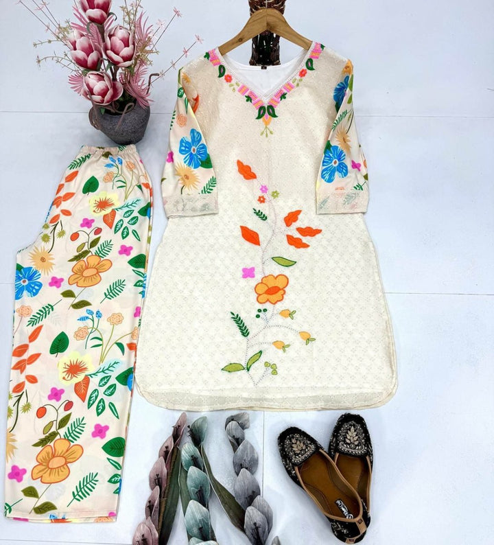 White Cotton Multicolor Print Kurti Pant Set Of 2 - BONYHUBSALWAR KAMEEZ