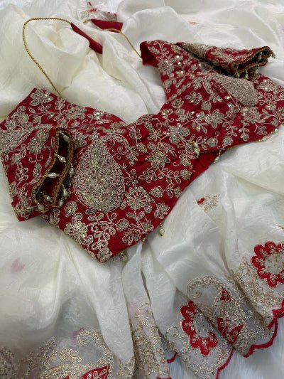 White Crush Tissue Sari Free Red Embroidered Stitched Blouse - BONYHUBSAREE